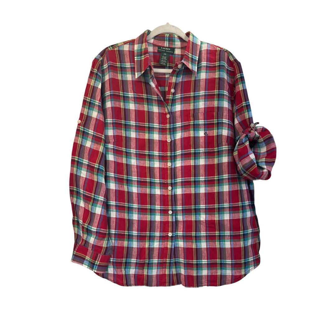 Lauren Ralph L. Womens 2XL Red Striped 100% Linen Rollup Tabs 1 Pocket FLAW